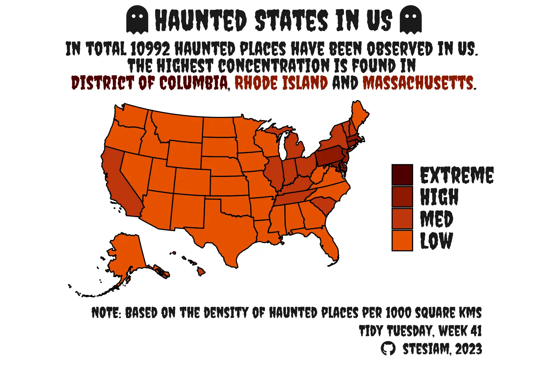 Map of the US showing the density of haunted places by state, 10,992 in total. The highest concentrations are in Washington DC, Rhode Island and Massachusetts.
